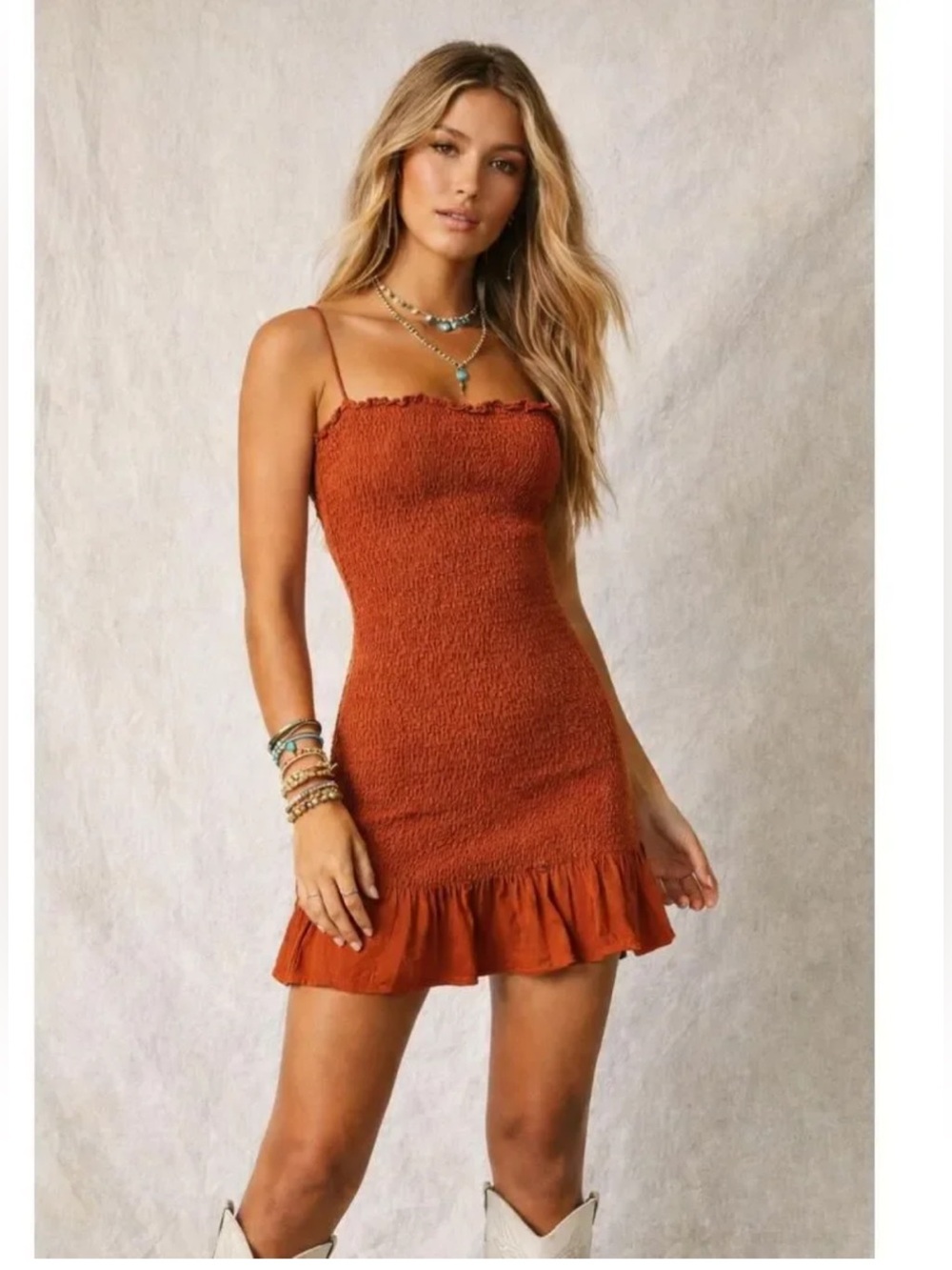Abercrombie & Fitch Rust Orange Smocked Ruffle Mini Dress